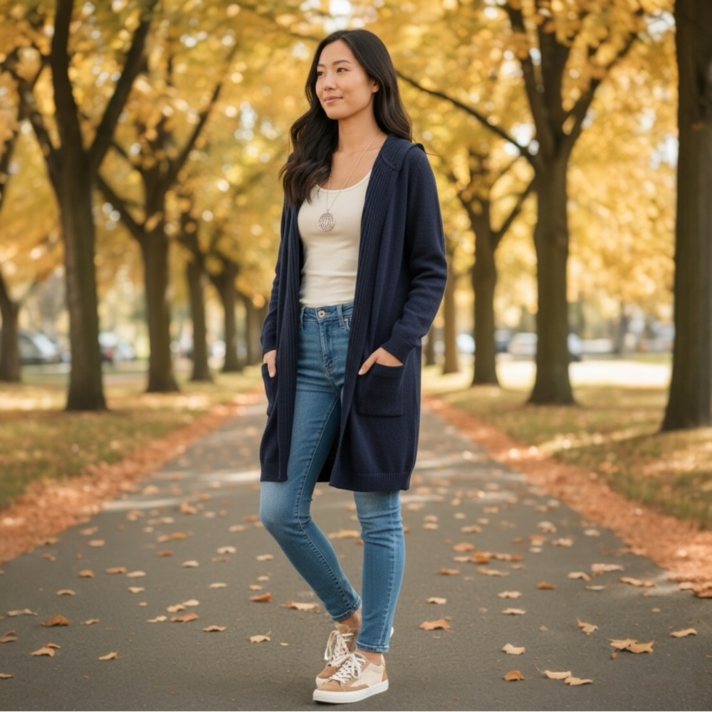 Verve Ami Knit Cardigan Long Navy Blue Hood and Front Pockets Size Medium